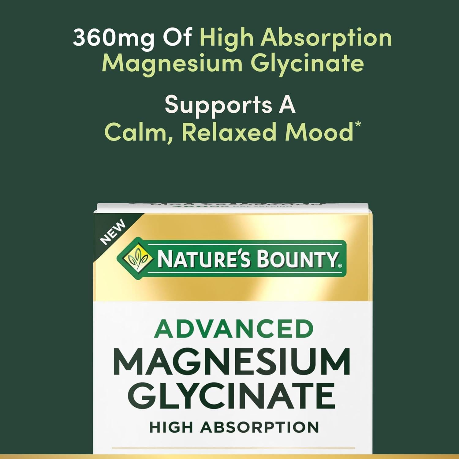 Suplemento de Magnesio Glicinato Nature's Bounty 360 mg 90 Cápsulas