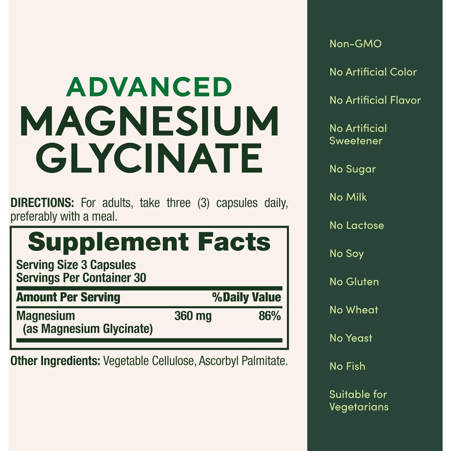 Suplemento de Magnesio Glicinato Nature's Bounty 360 mg 90 Cápsulas