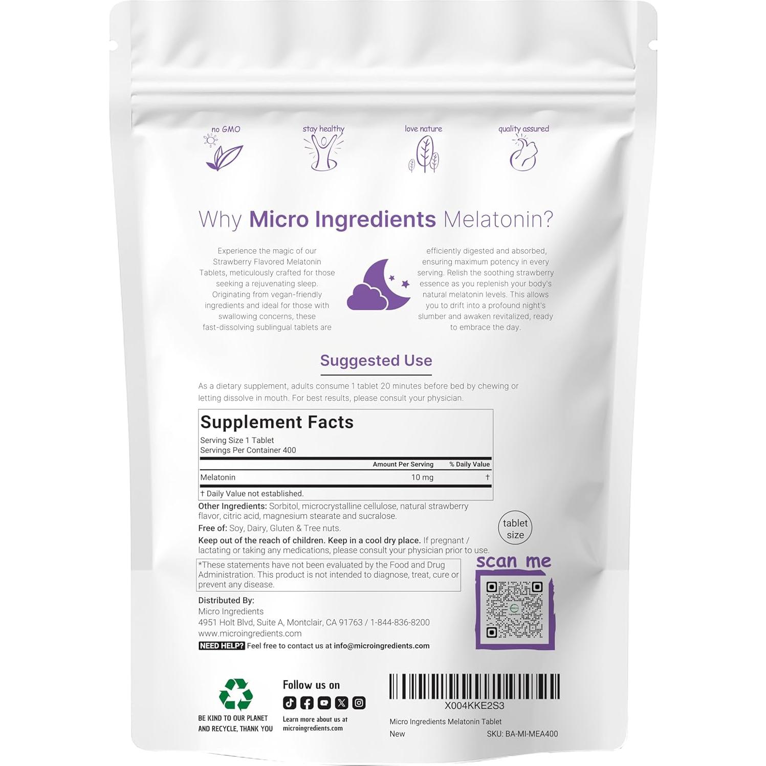 Melatonina 10mg Micro Ingredients 400 Tabletas Sabor Fresa