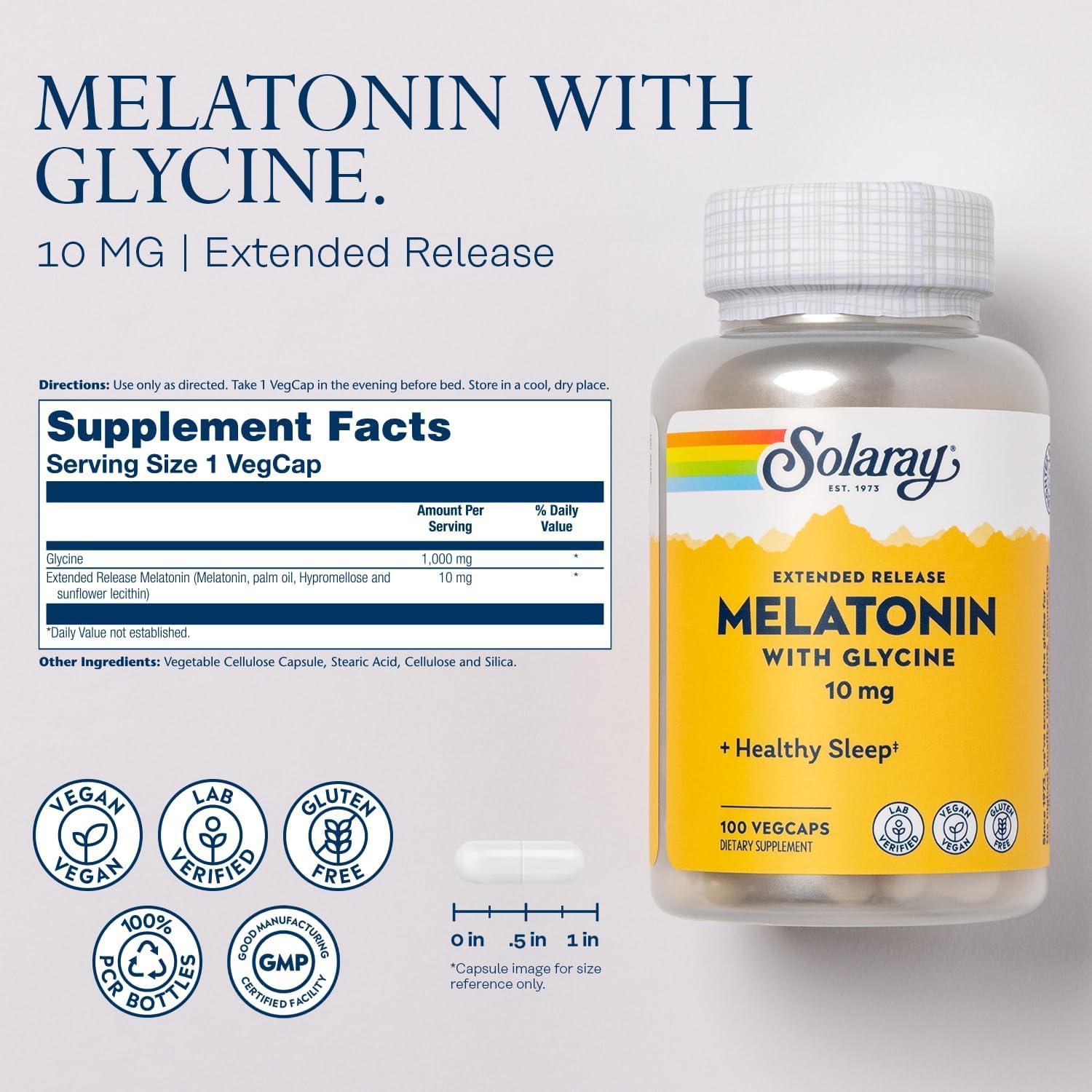Melatonina 10mg Solaray con Glicina - Liberación Prolongada 100 VegCaps