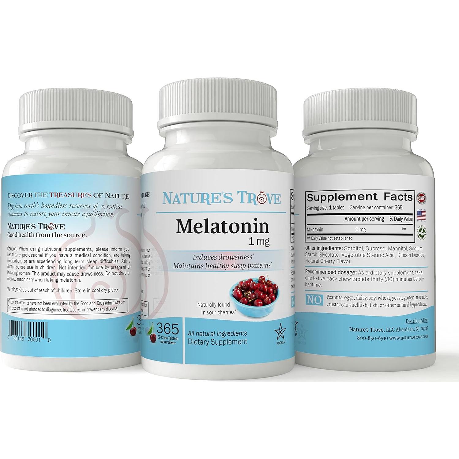 Melatonina 1mg Nature's Trove - 365 Tabletas Masticables Cereza