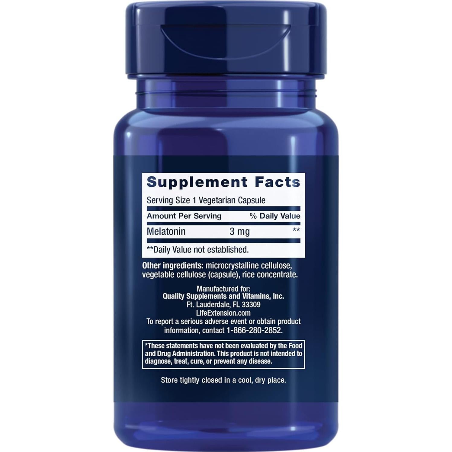 Life Extension Melatonin, 3 mg, Optimal Sleep Support, Healthy circadian Rhythms, Cellular Defense, Gluten-Free, Non-GMO, Vegetarian, 60 Capsules