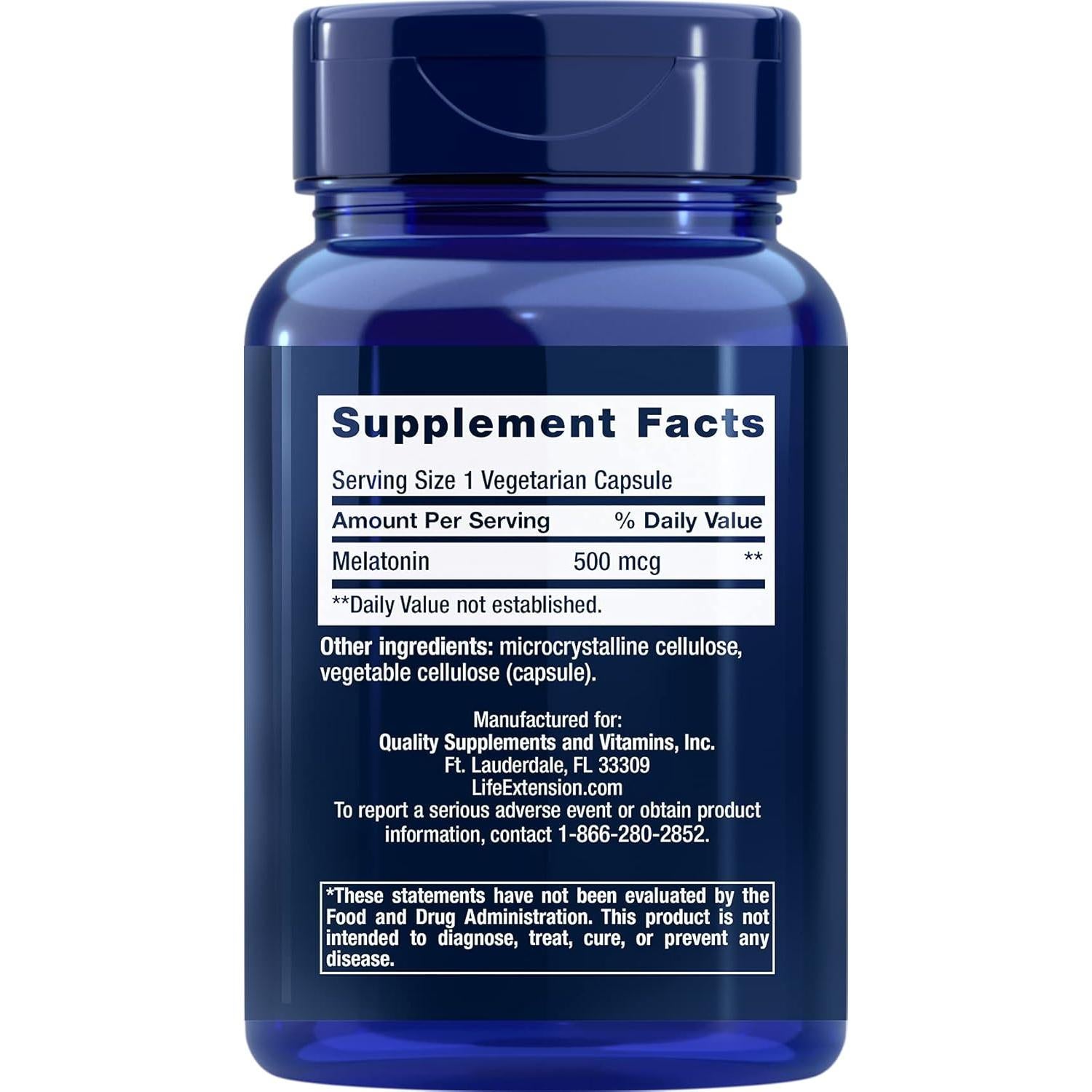 Melatonina Life Extension 500 mcg 200 Cápsulas Vegetarianas