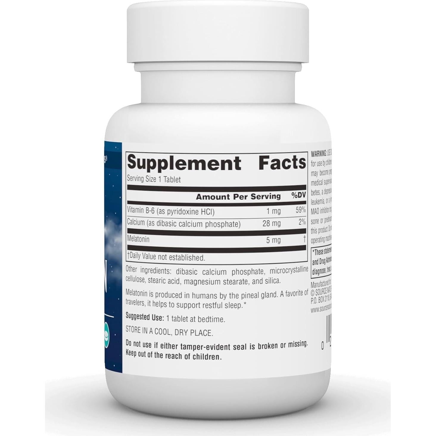 Melatonina Source Naturals 5 mg - 60 Tabletas para Sueño