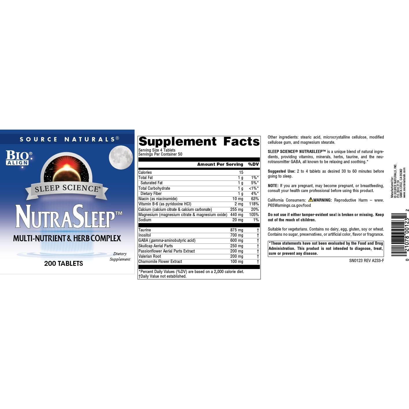 NutraSleep Source Naturals 200 Tabletas - Suplemento Relajante