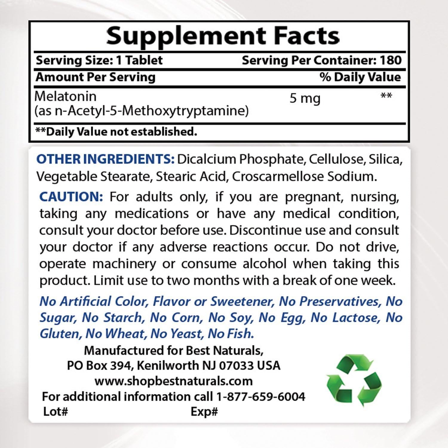 Melatonina 5 mg Mejores Naturales 180 Tabletas Sin Gluten