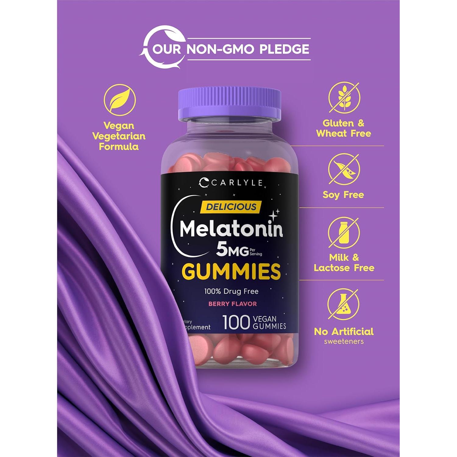 Gomitas de Melatonina Carlyle 5mg Sabor Baya 100% Veganas 100 Unidades