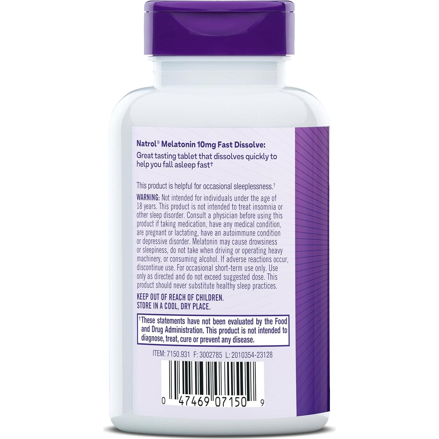 Natrol Sueño Melatonina 10mg Tabletas Rápidas Sabor Fresa 100 Unidades