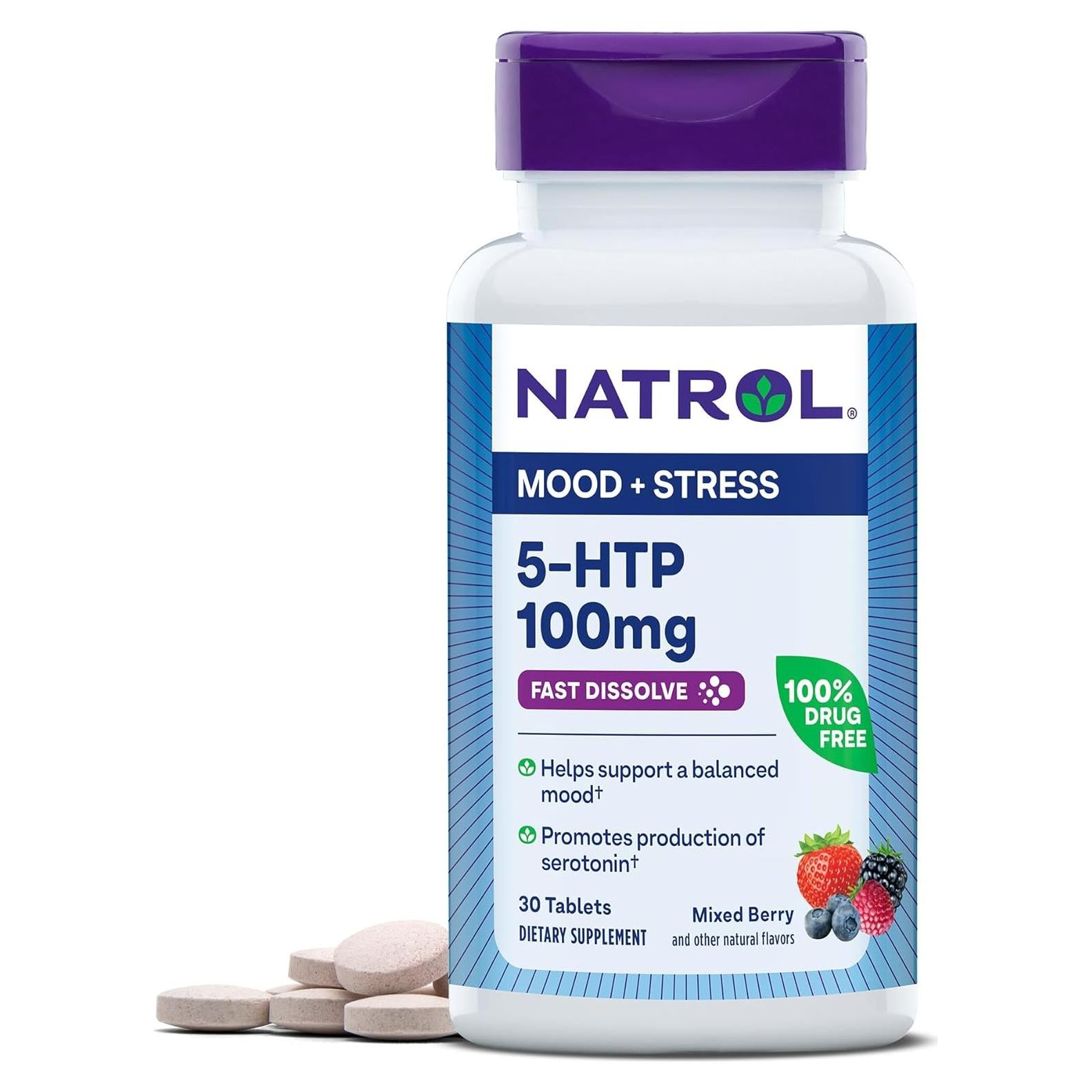 Natrol 5-HTP 100 mg Suplemento Rápido Sabor Frutas 30 Tabletas