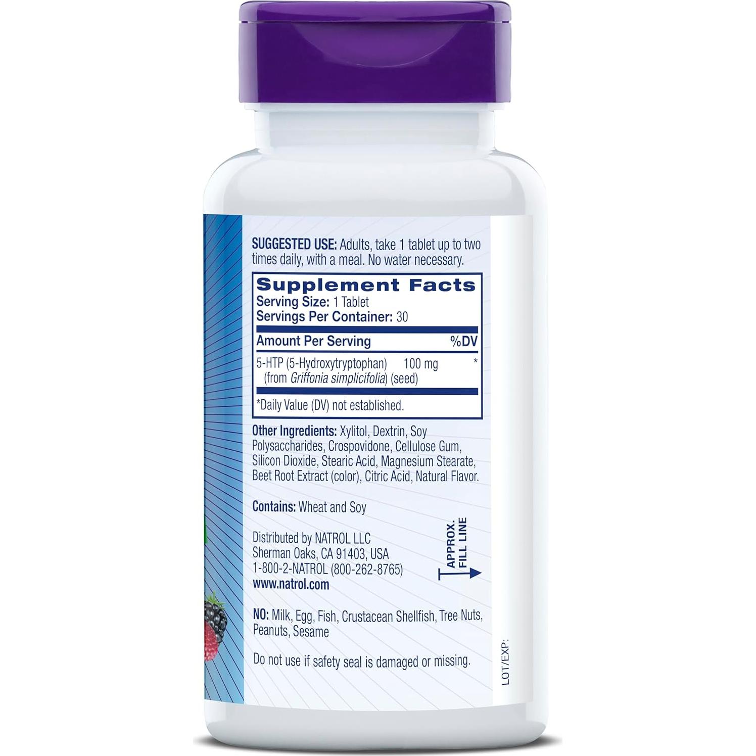 Natrol 5-HTP 100 mg Suplemento Rápido Sabor Frutas 30 Tabletas