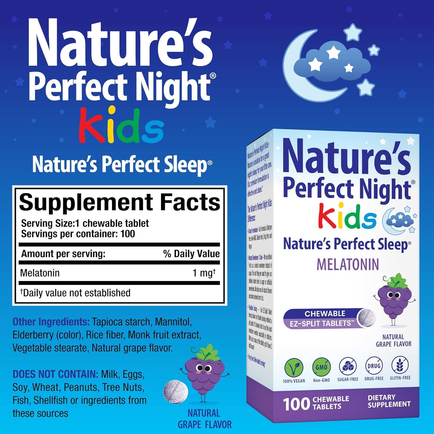 Melatonina para Niños Noche Perfecta 1mg 100 Tabletas Masticables