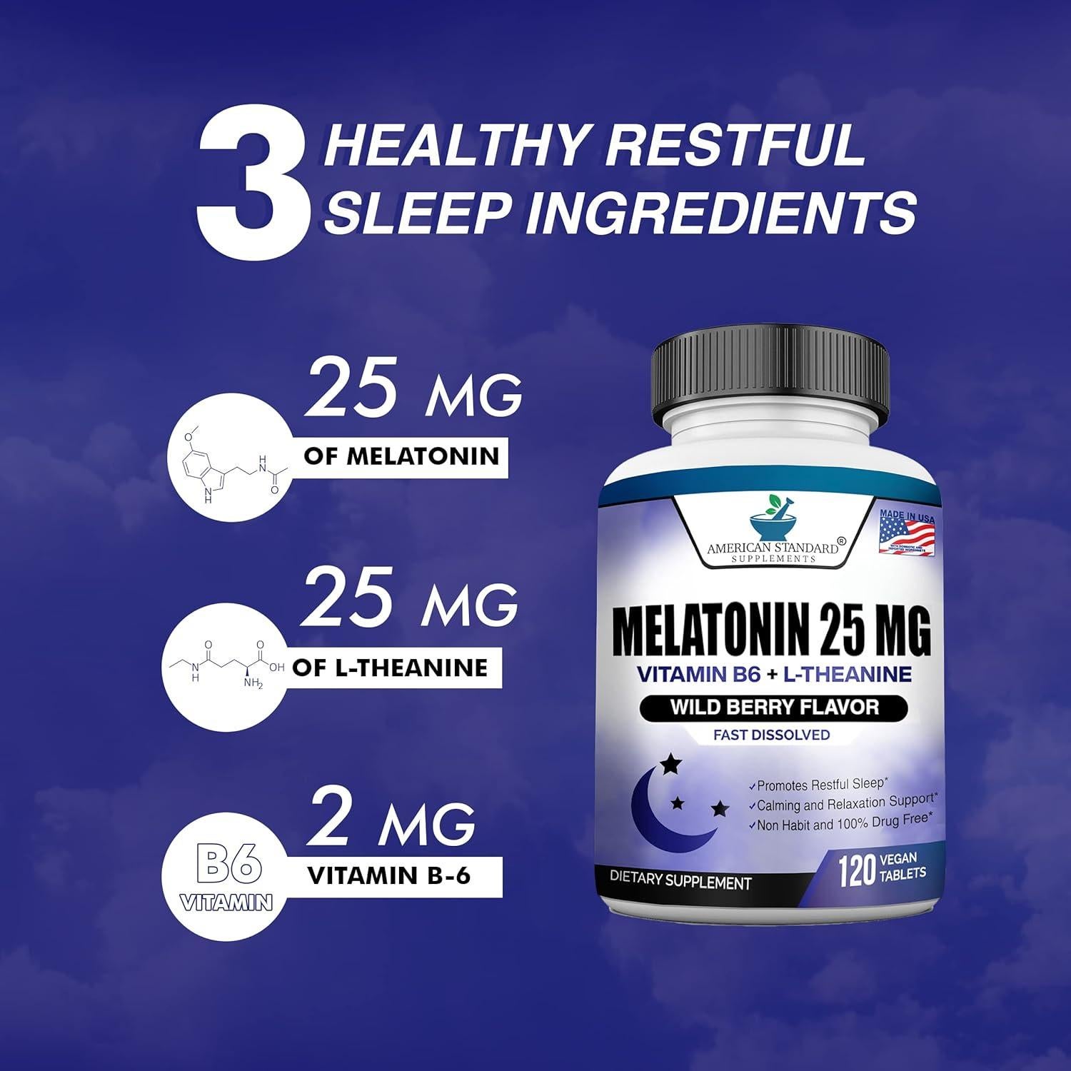 Melatonina 25mg American Standard 120 Tabletas Veganas