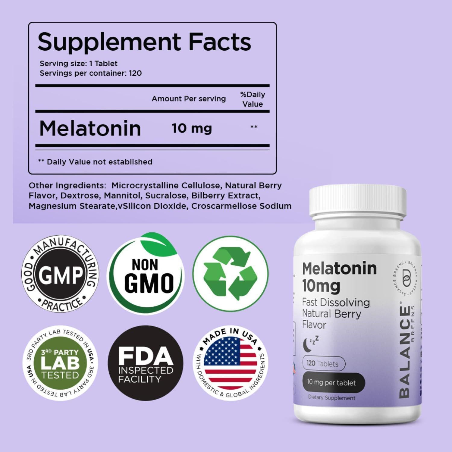 Suplemento de Melatonina 10mg Balance Breens - 120 Tabletas