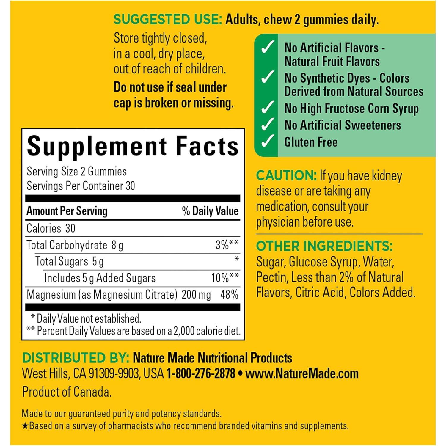 Suplemento de Magnesio Nature Made 200 mg 60 Gominolas