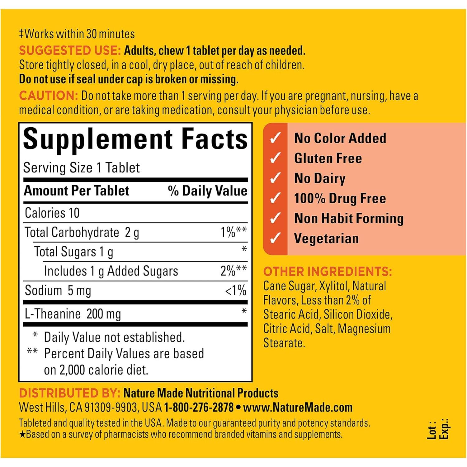 Nature Made L-Teanina Masticable 200mg - 50 Tabletas para Estrés