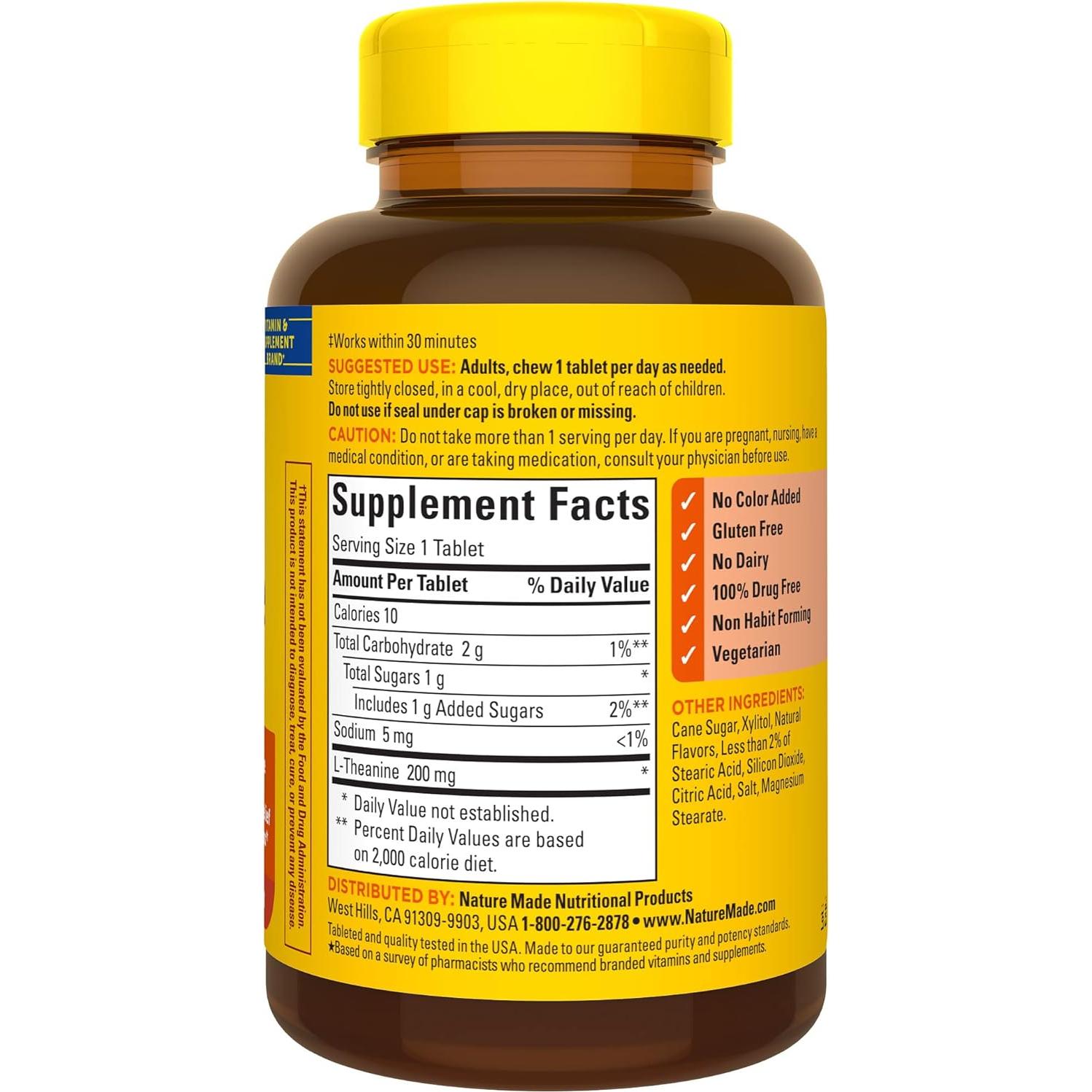 Nature Made L-Teanina Masticable 200mg - 50 Tabletas para Estrés