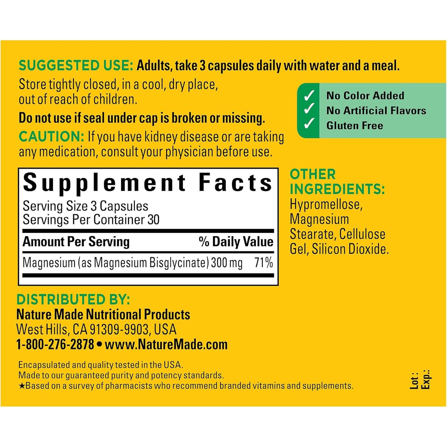 Suplemento de Magnesio Glicinato Nature Made 300mg 90 Cápsulas