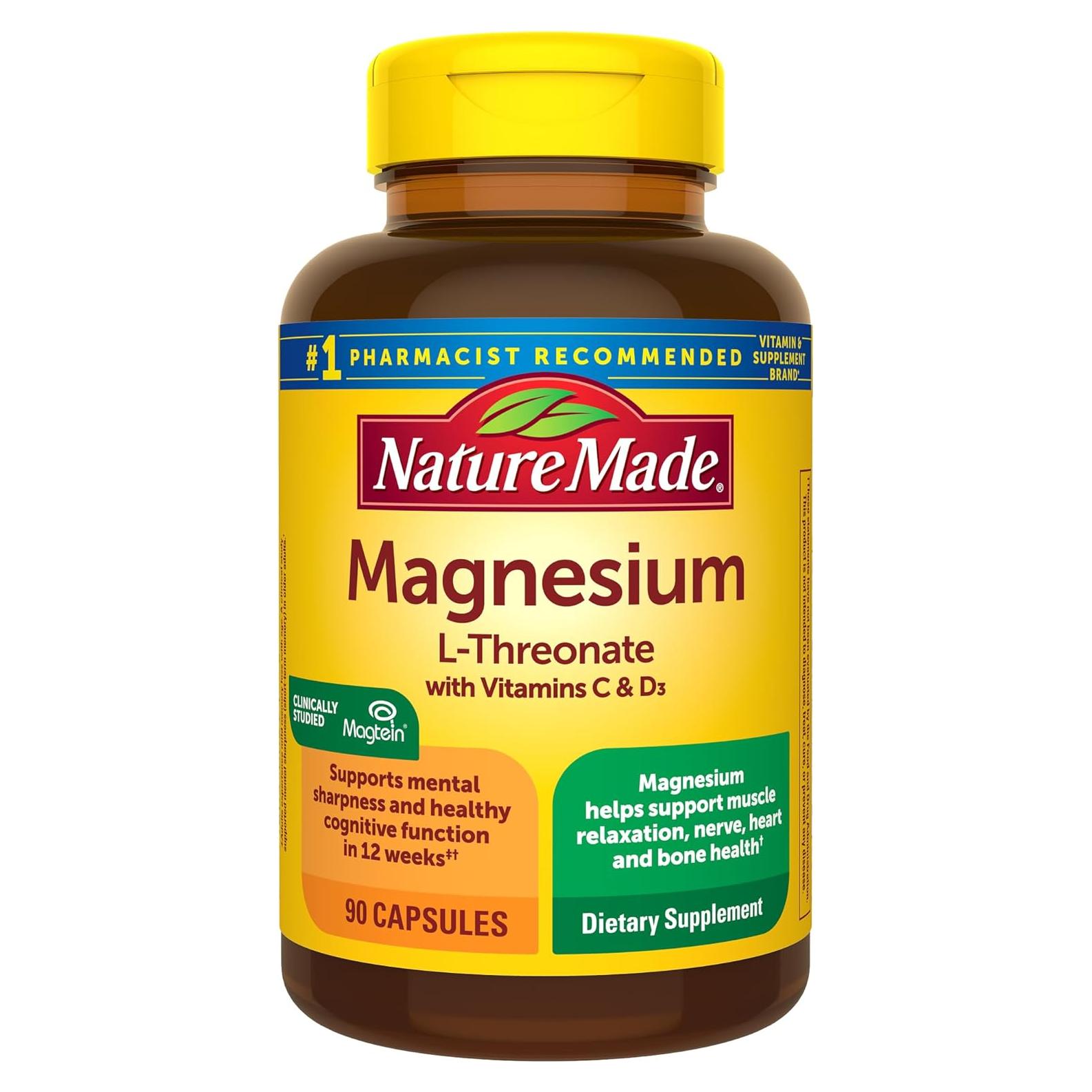 Nature Made Magnesio L-Treonato 130 mg + Vitamina C y D3 - 90 Cápsulas