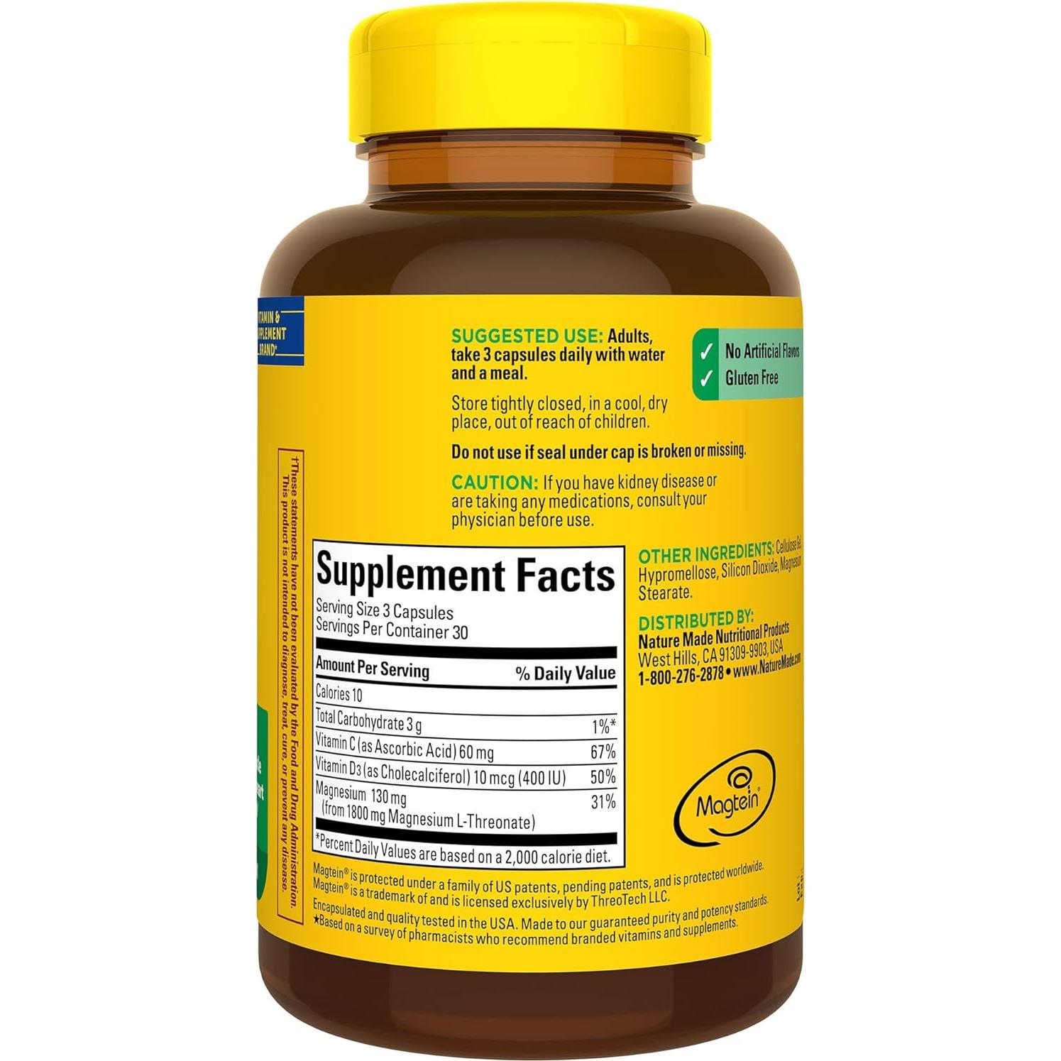 Nature Made Magnesio L-Treonato 130 mg + Vitamina C y D3 - 90 Cápsulas