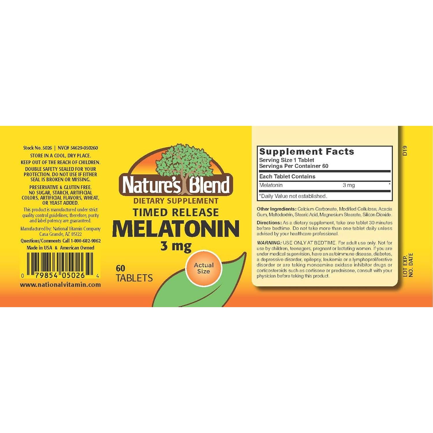 Melatonina 3 mg Nature's Blend 60 Tabletas Liberación Prolongada