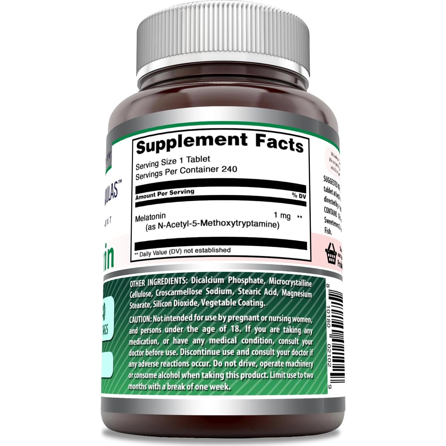 Suplemento de Melatonina 1 Mg - Fórmulas Asombrosas - 240 Tabletas - No OGM, Sin Gluten