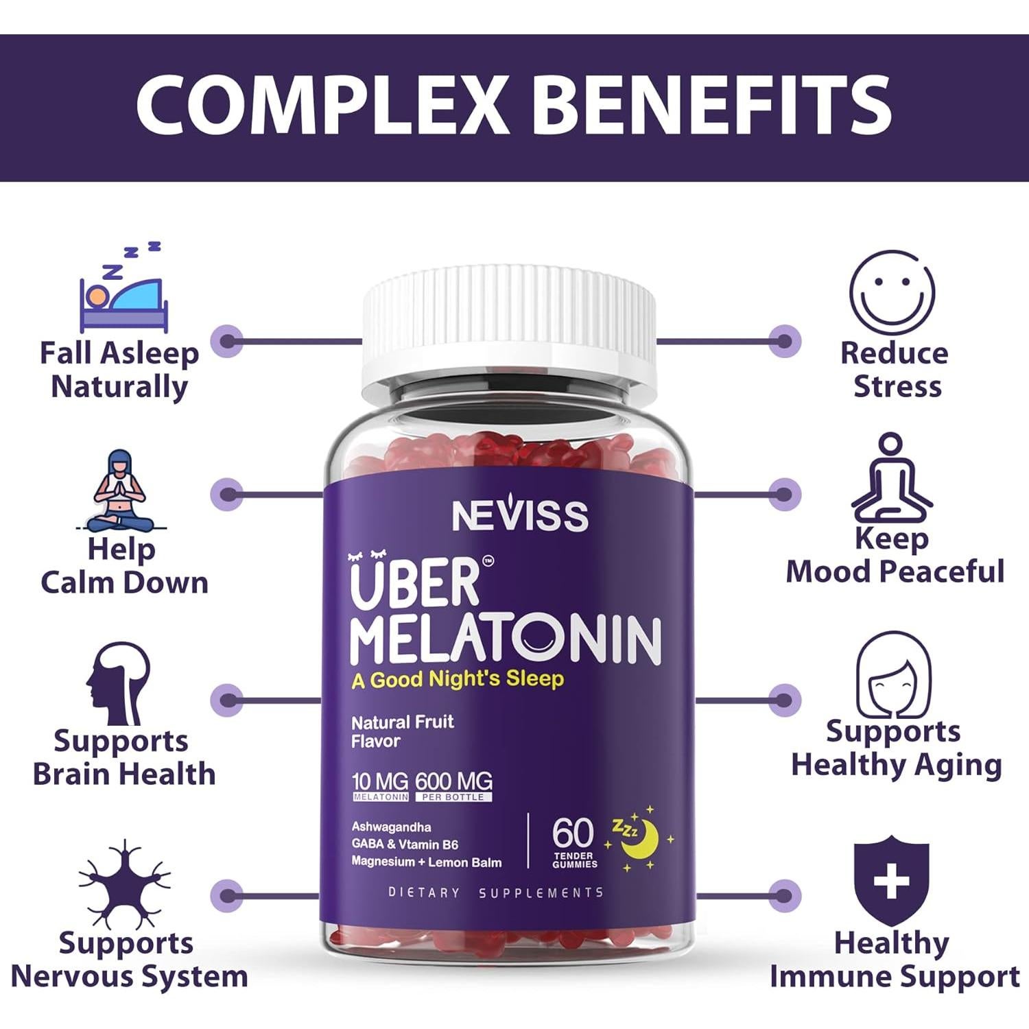 Gomitas de Melatonina 10mg UBER con Ashwagandha 60 Unidades