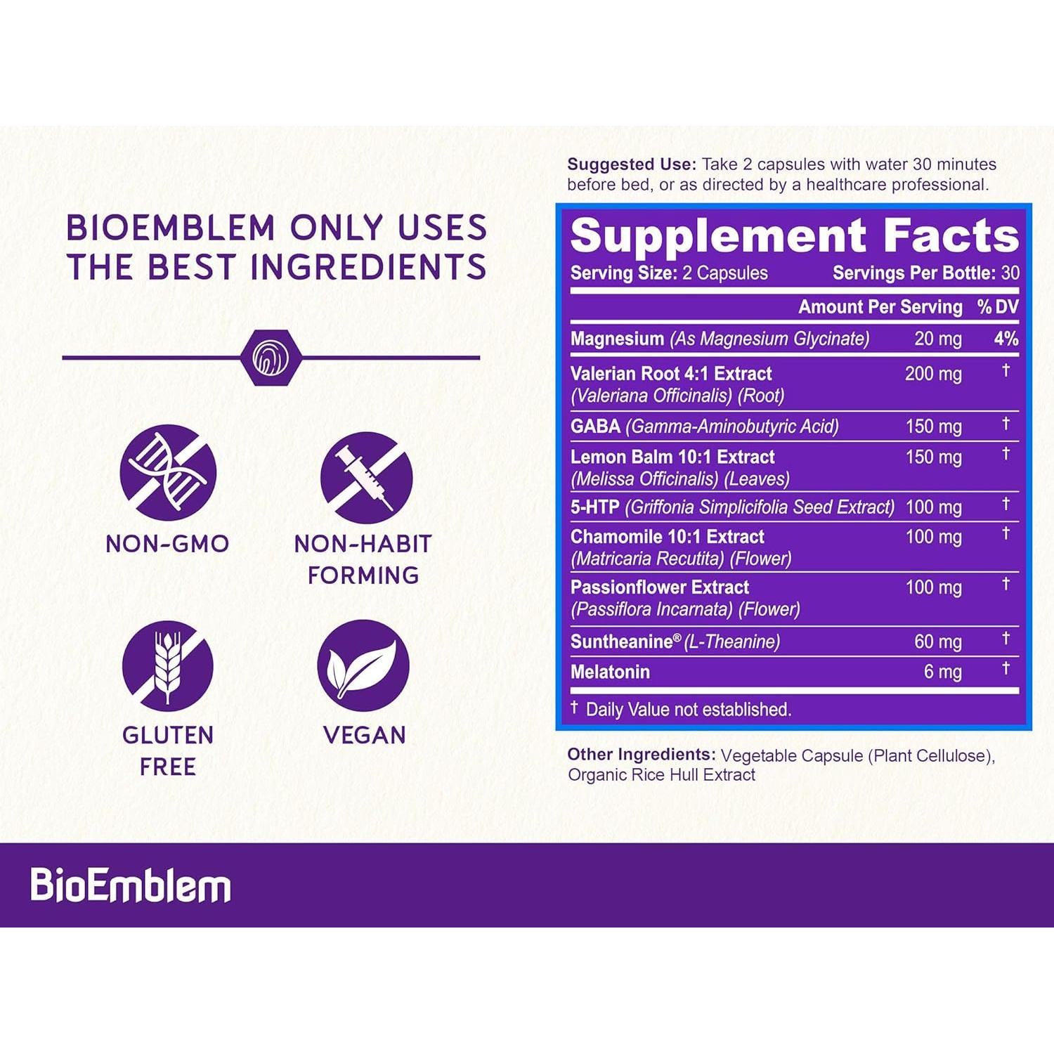 Suplemento Natural para Dormir BioEmblem 60 Cápsulas