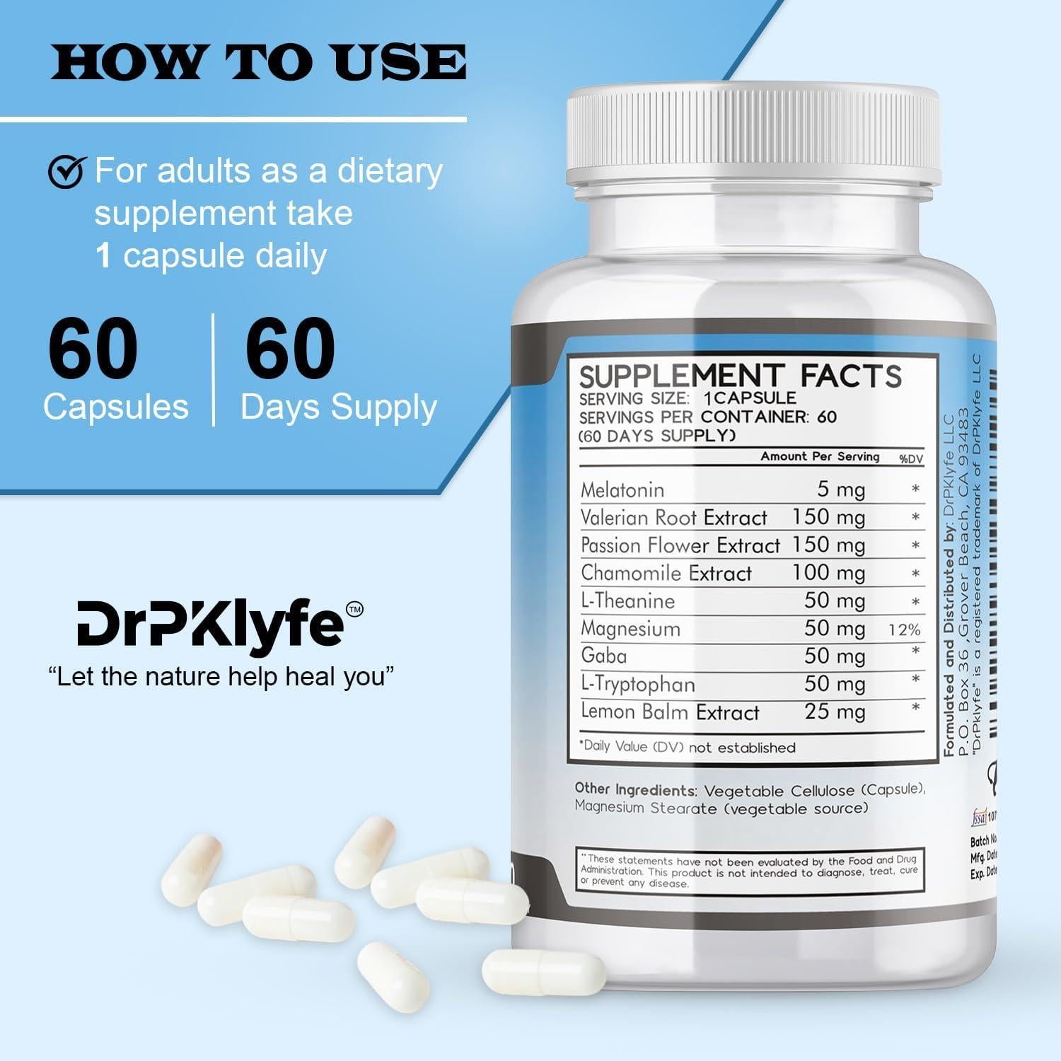 Cápsulas de Melatonina y Hierbas DrPKlyfe 630mg - 60 Días