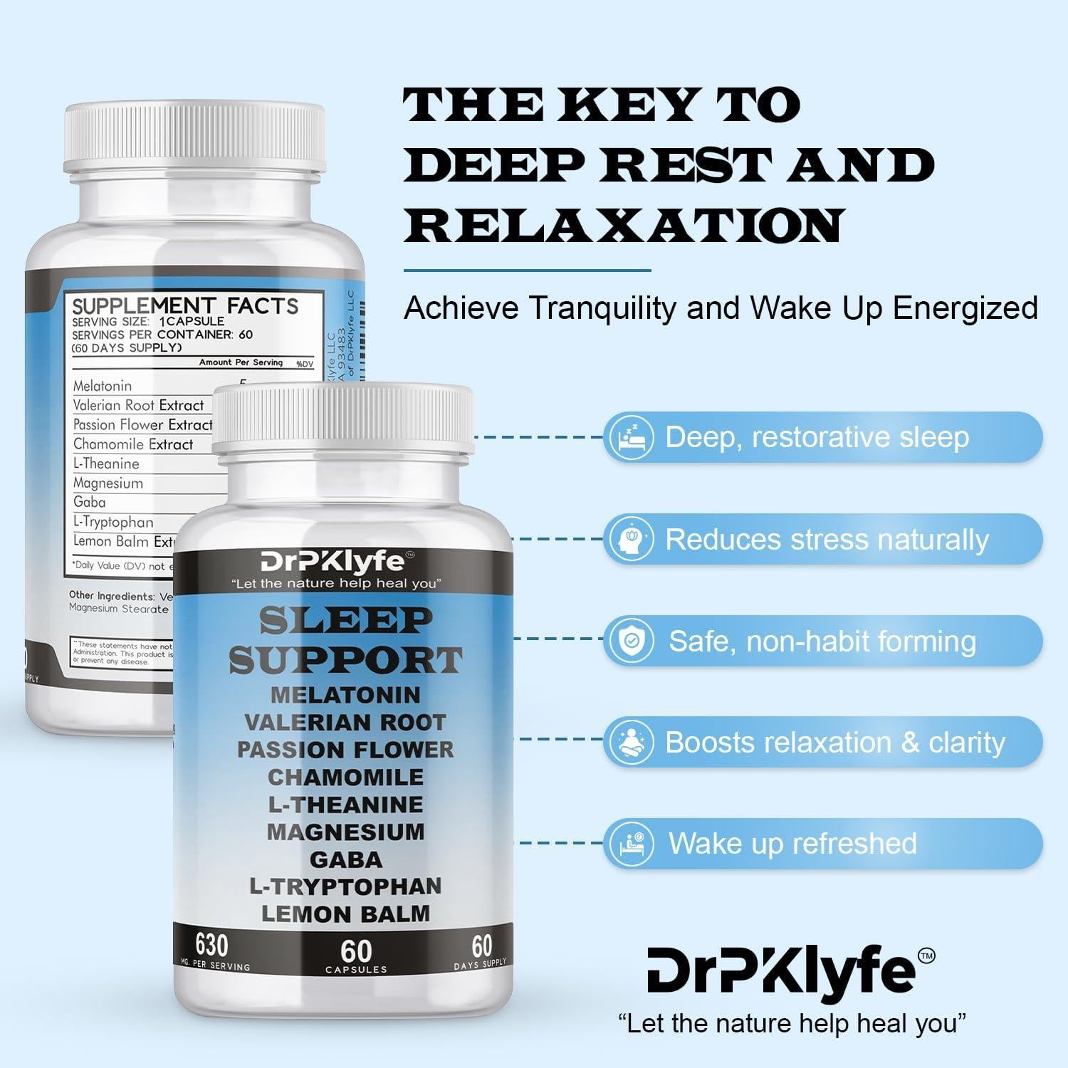 Cápsulas de Melatonina y Hierbas DrPKlyfe 630mg - 60 Días