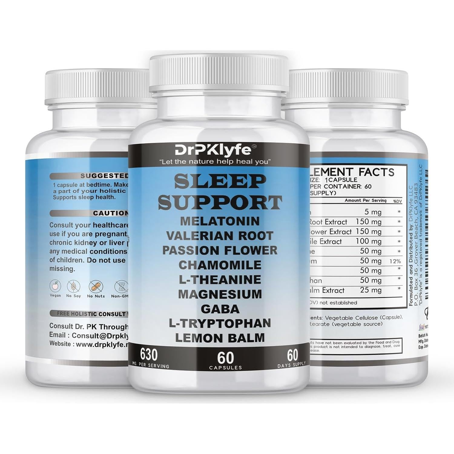 Cápsulas de Melatonina y Hierbas DrPKlyfe 630mg - 60 Días