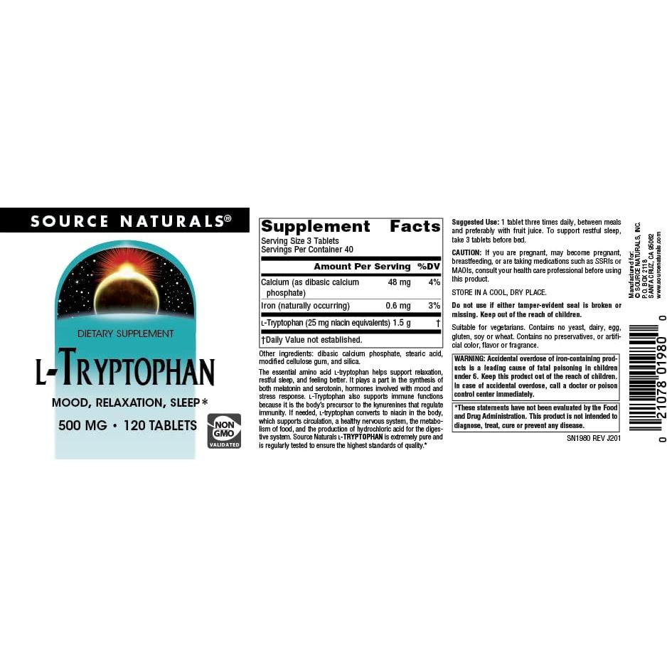 L-Triptófano Source Naturals 500mg - 120 Tabletas para Sueño