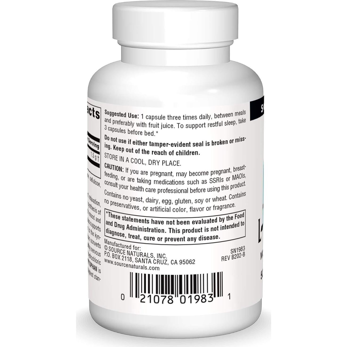 L-Triptófano Source Naturals 500mg - 30 Cápsulas para Sueño