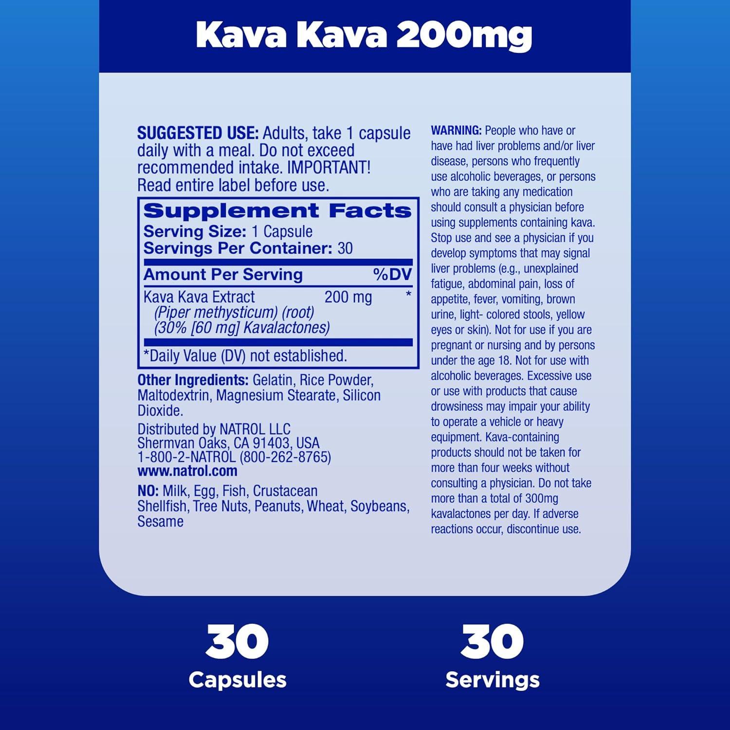 Suplemento Natrol Kava Kava 200mg para Estrés y Relajación - 30 Cápsulas