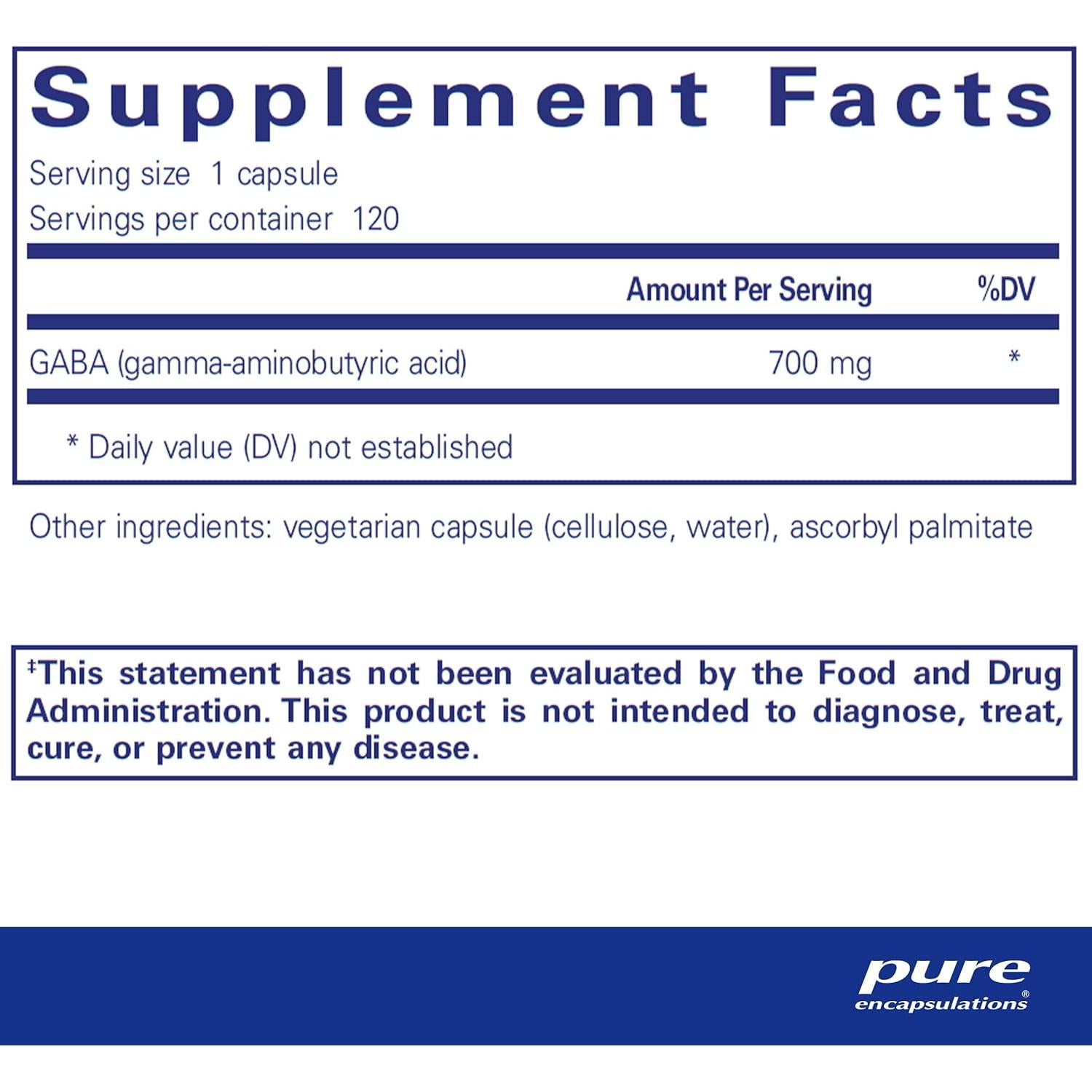 Suplemento GABA Pure Encapsulations 120 Cápsulas - Relajación