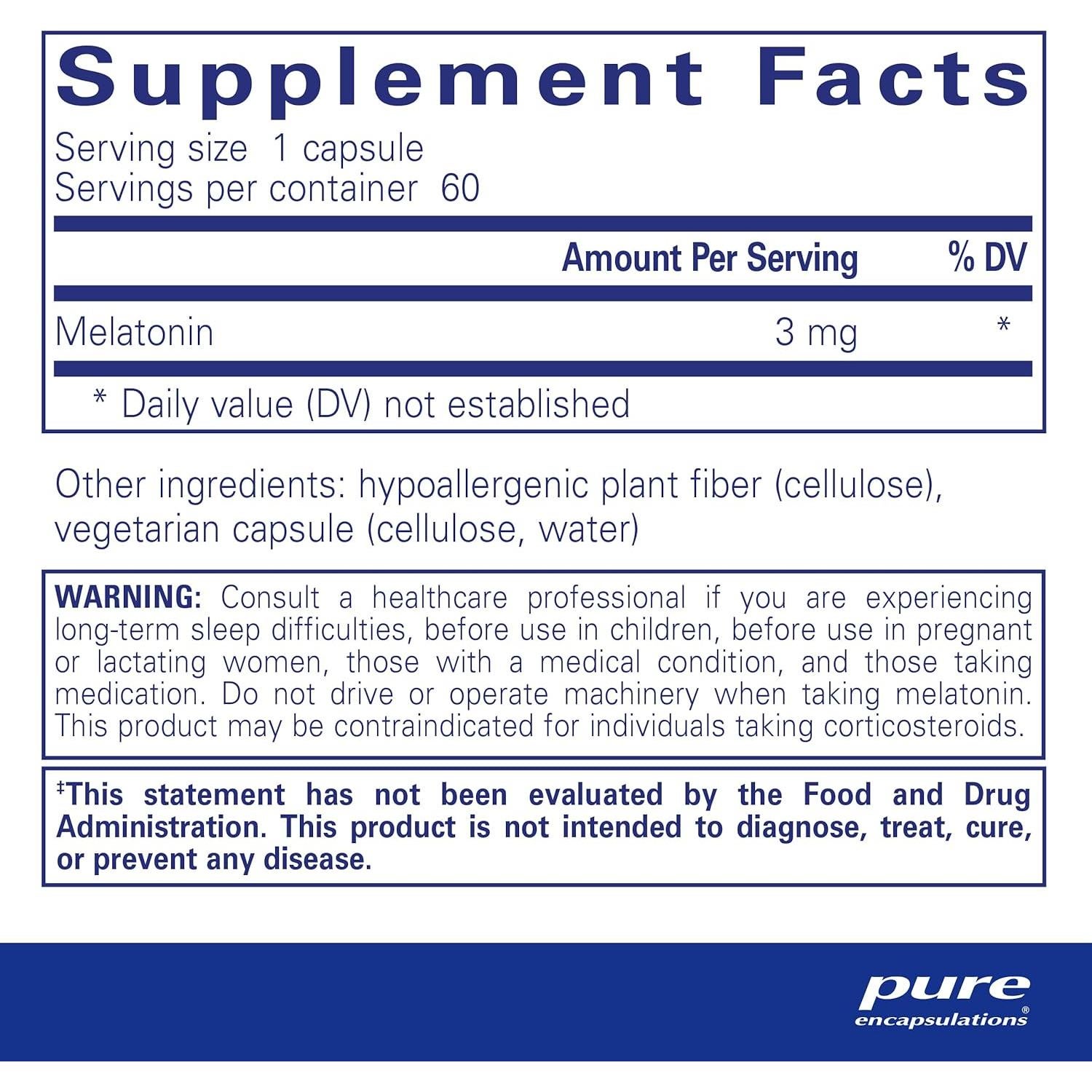 Melatonina 3 mg Pure Encapsulations - 60 Cápsulas para Sueño