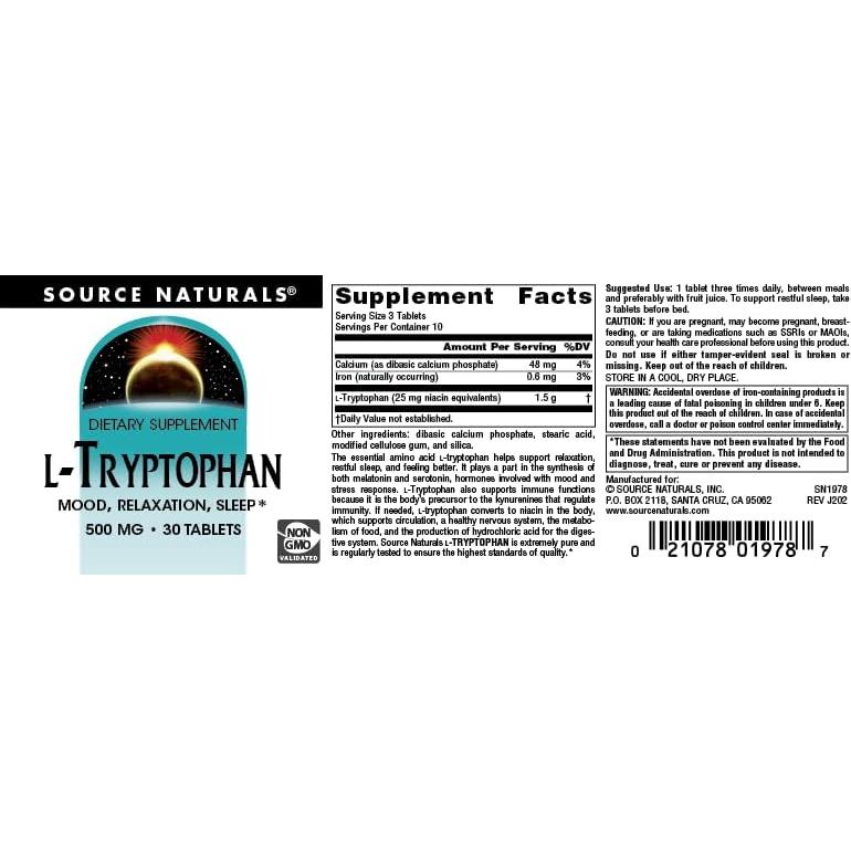 L-Triptófano Source Naturals 500mg - 30 tabletas para relajación