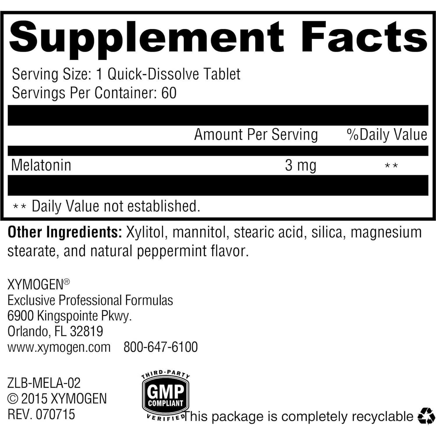 Melatonina XYMOGEN 3mg - 60 Tabletas de Menta Rápida