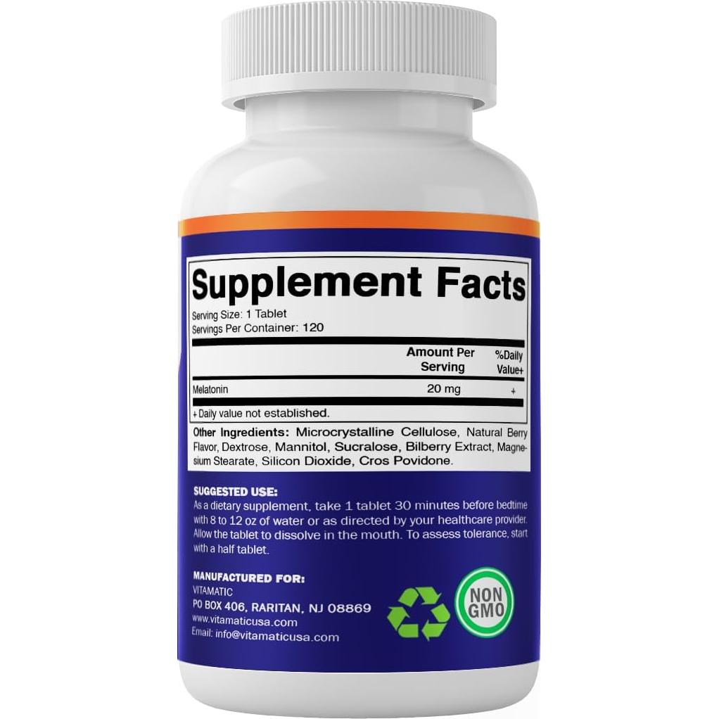Tabletas de Melatonina Vitamatic 20 mg - 720 Tabletas Vegetarianas