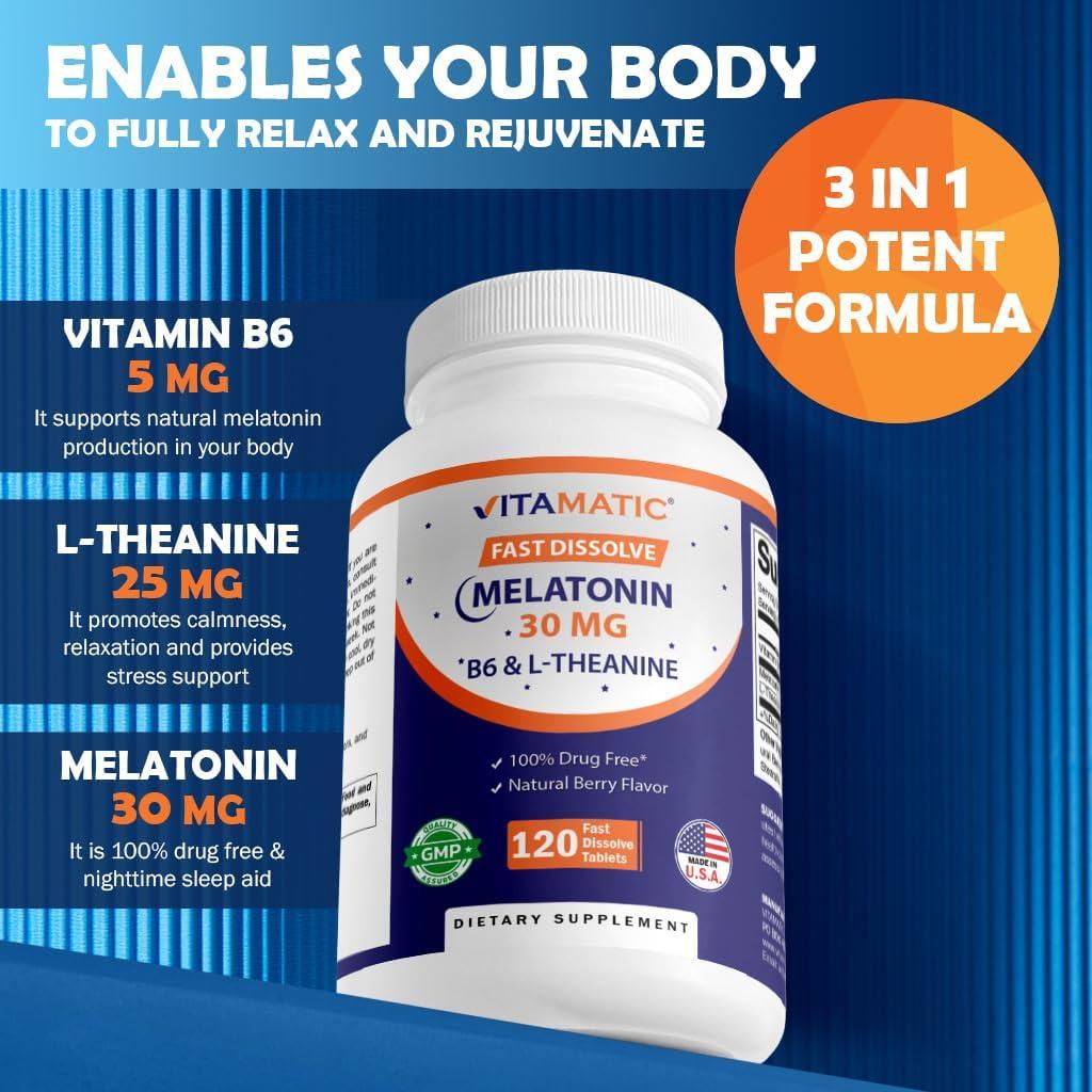Melatonina Vitamatic 30 mg con B6 y L-Teanina 120 Tabletas