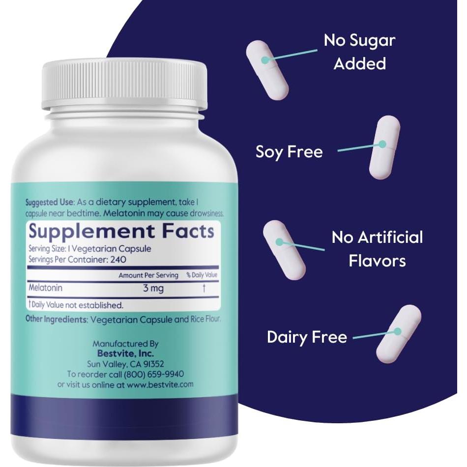 Melatonina 3mg Bestvite 240 Cápsulas Veganas Sin Gluten