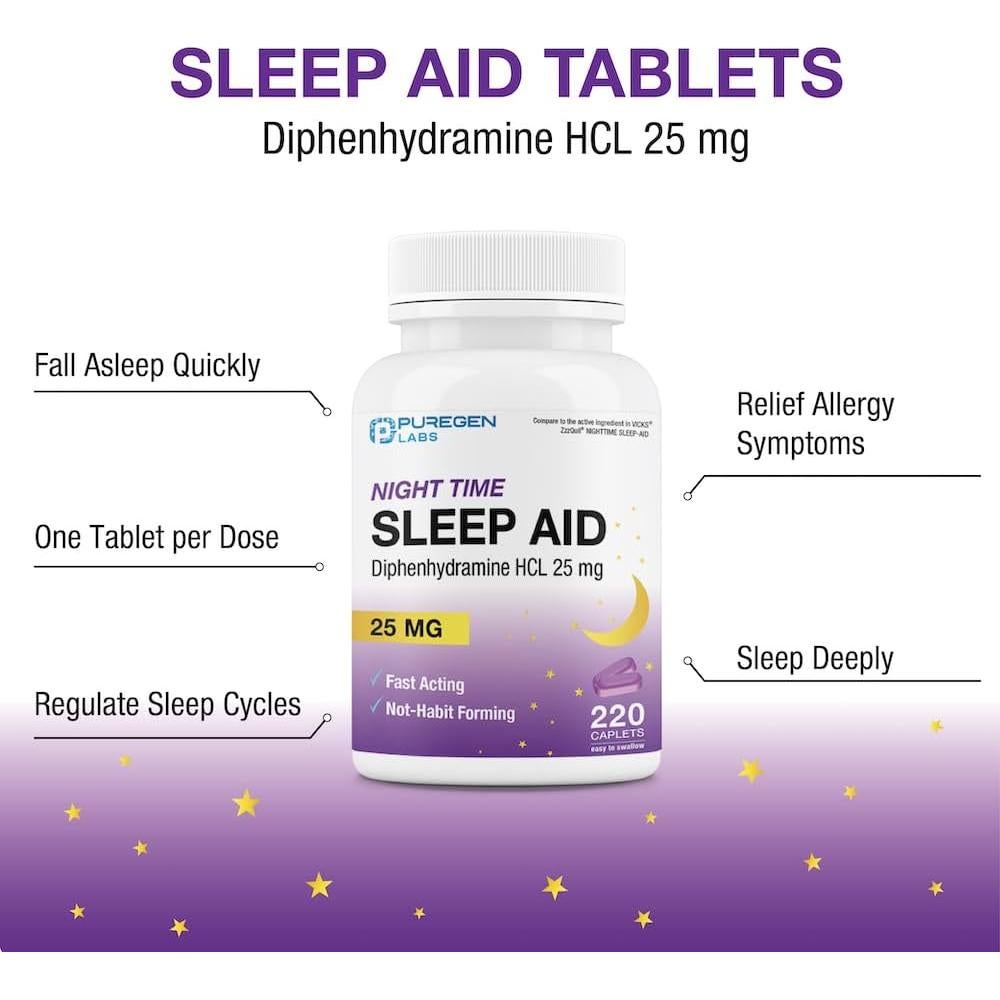 Tabletas para Dormir Puregen Labs 25mg Diphenhydramine 220u