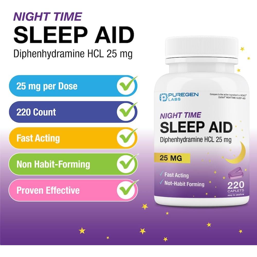 Tabletas para Dormir Puregen Labs 25mg Diphenhydramine 220u