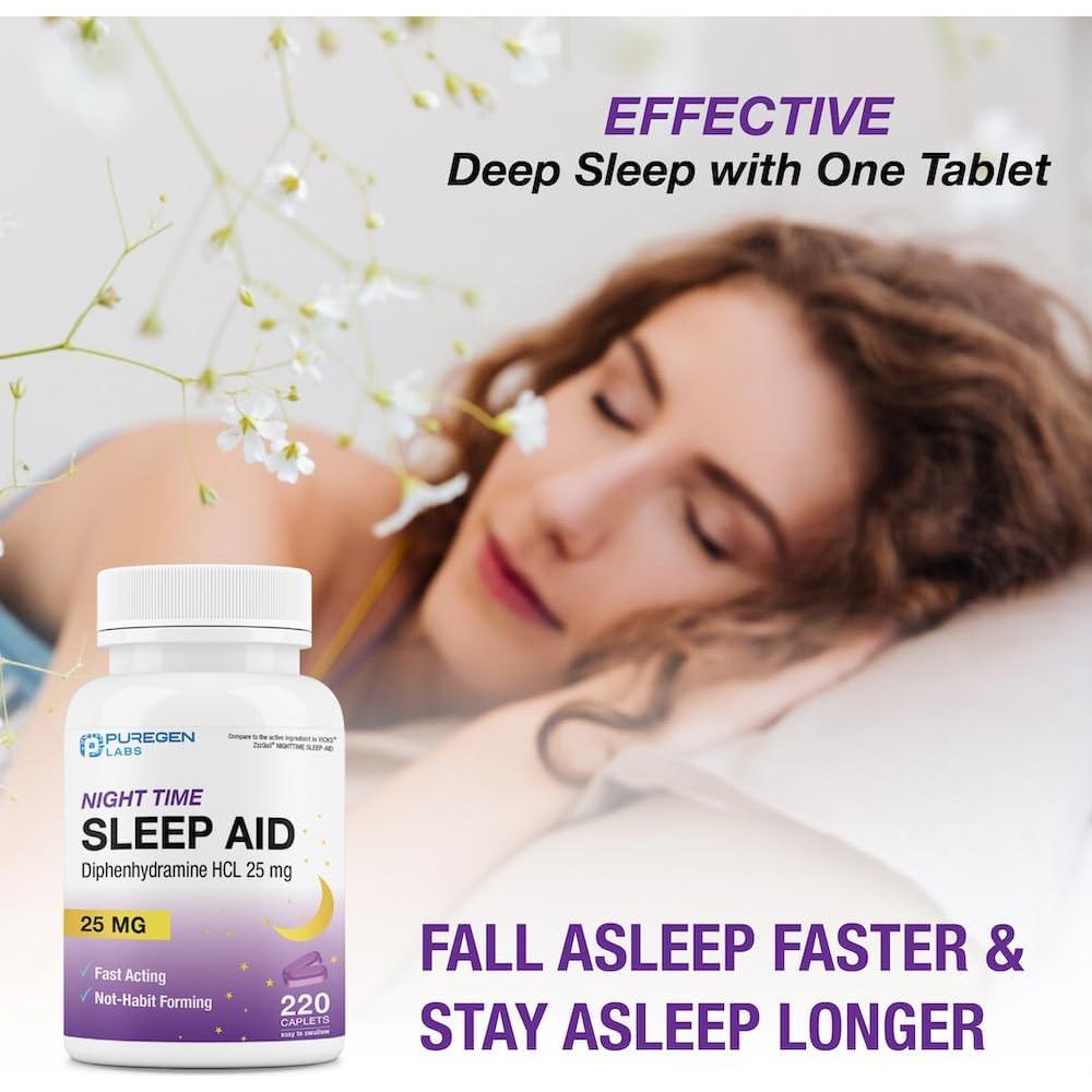 Tabletas para Dormir Puregen Labs 25mg Diphenhydramine 220u
