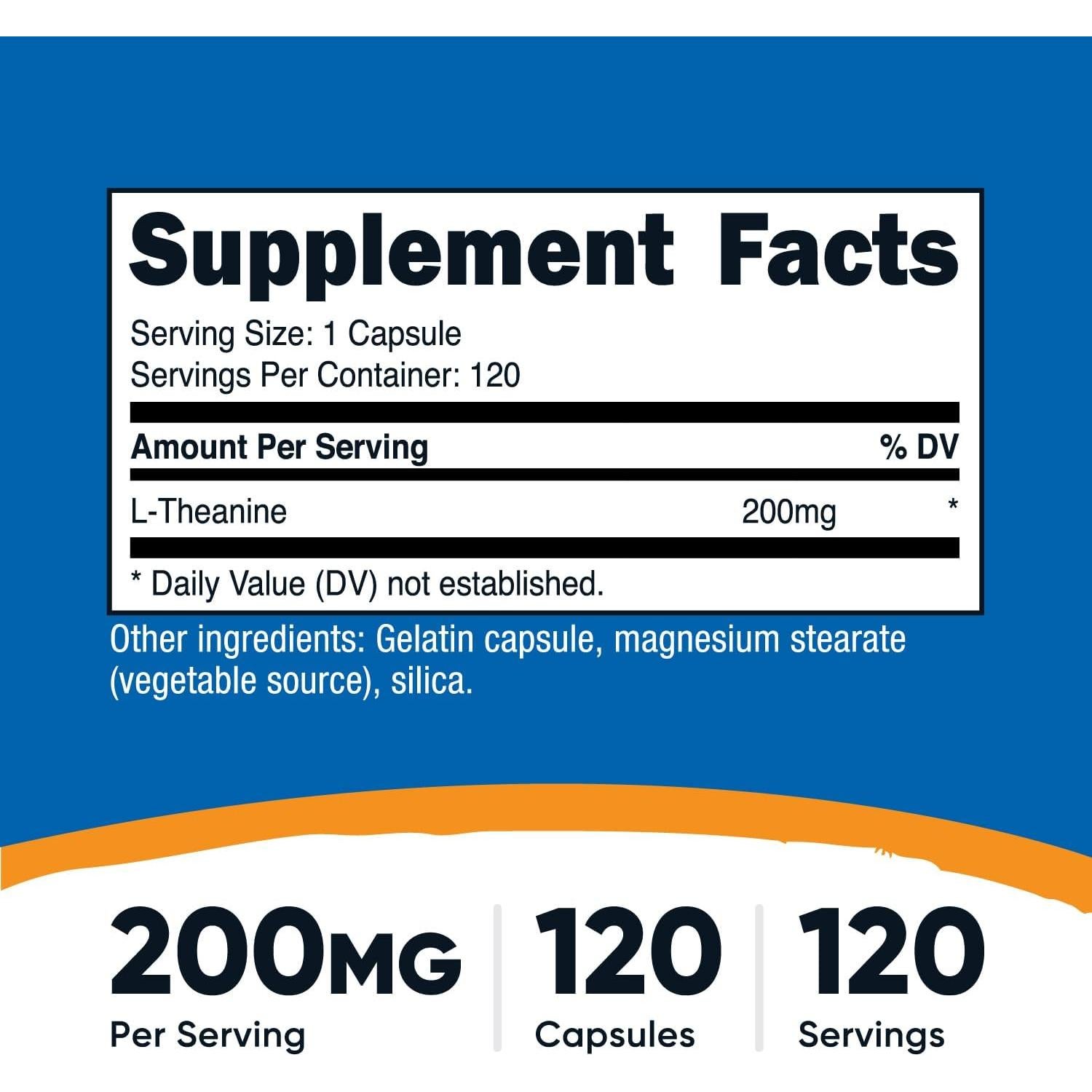 L-Theanina Nutricost 200mg 120 Cápsulas Sin OGM Sin Gluten