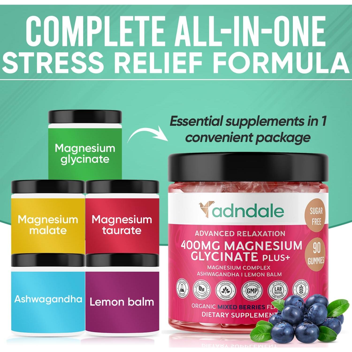 Gomas de Magnesio Glicinato Adndale 400 mg - Sin Azúcar, 90 Unidades