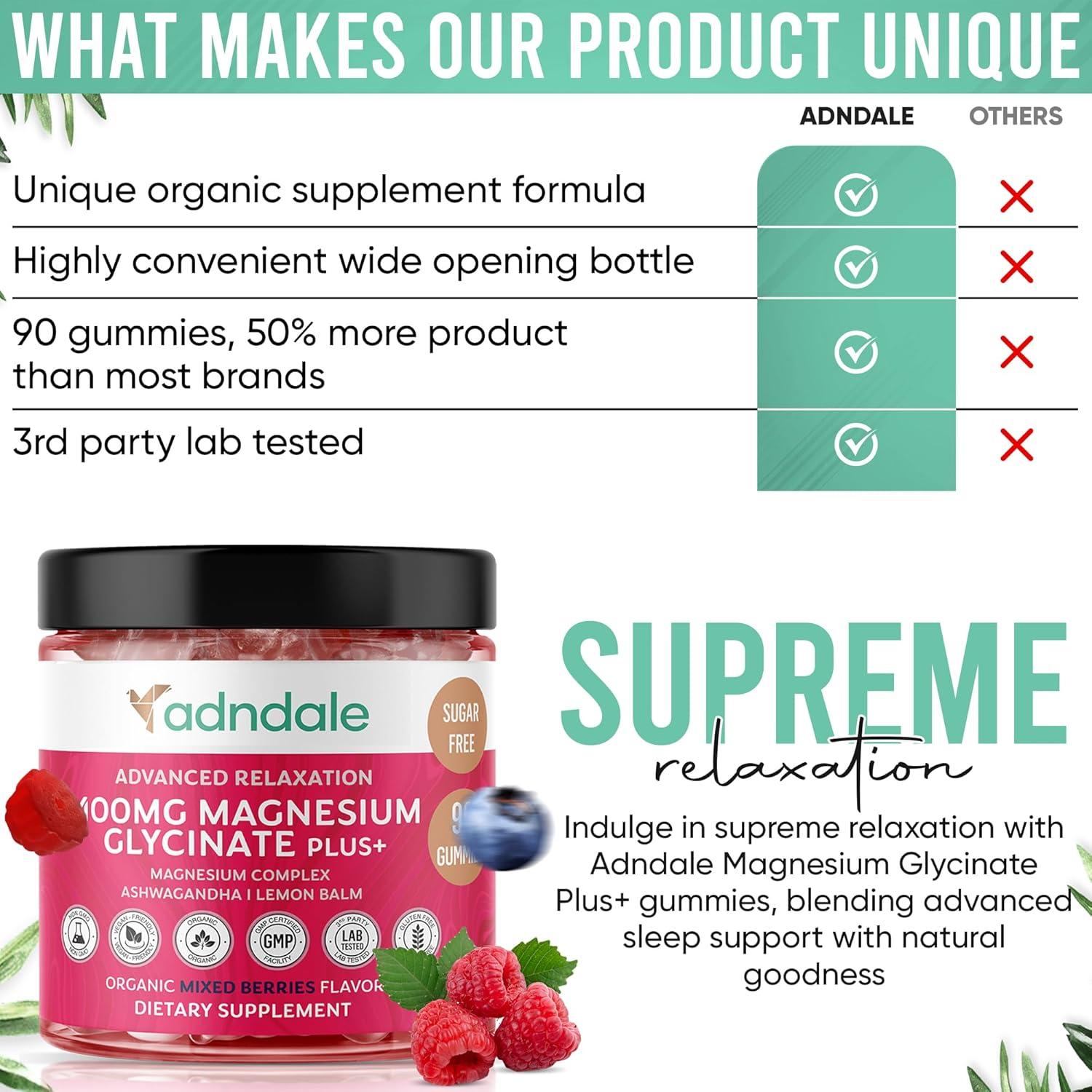 Gomas de Magnesio Glicinato Adndale 400 mg - Sin Azúcar, 90 Unidades