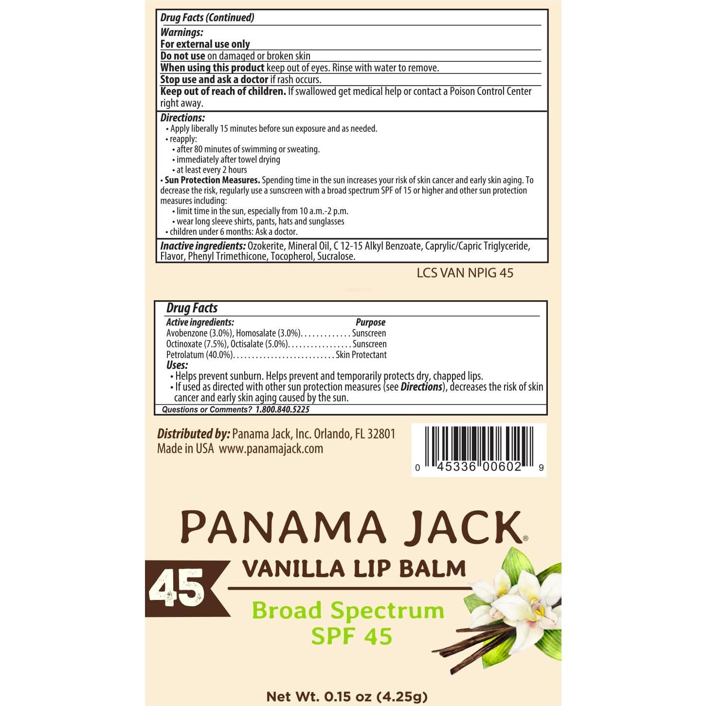 Bálsamo Labial Protector Solar Panama Jack SPF 45 Vainilla - Paquete de 2