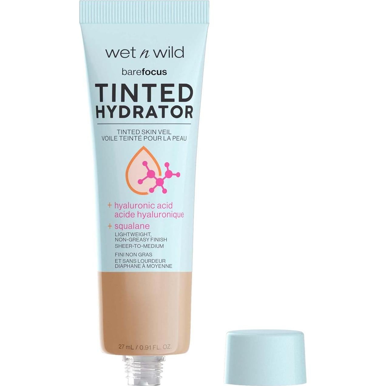 wet n wild Bare Focus Tinted Hydrator Tinted Skin Veil, Lightweight Buildable Coverage with Hyaluronic Acid & Vegan Squalane, Semi-Matte Finish, Cruelty-Free - Medium Tan