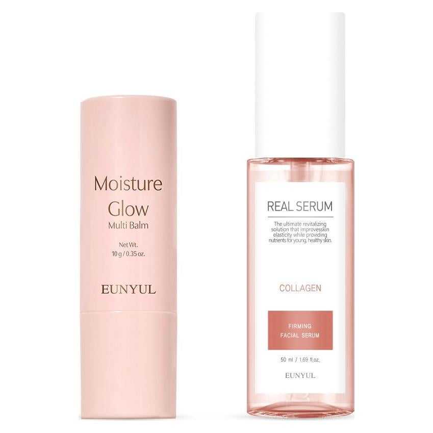 EUNYUL Moisture Glow Multi Balm Stick 0.35 Oz. Facial Balm & Real Collagen Serum 1.69 fl. Oz. Korean Skincare