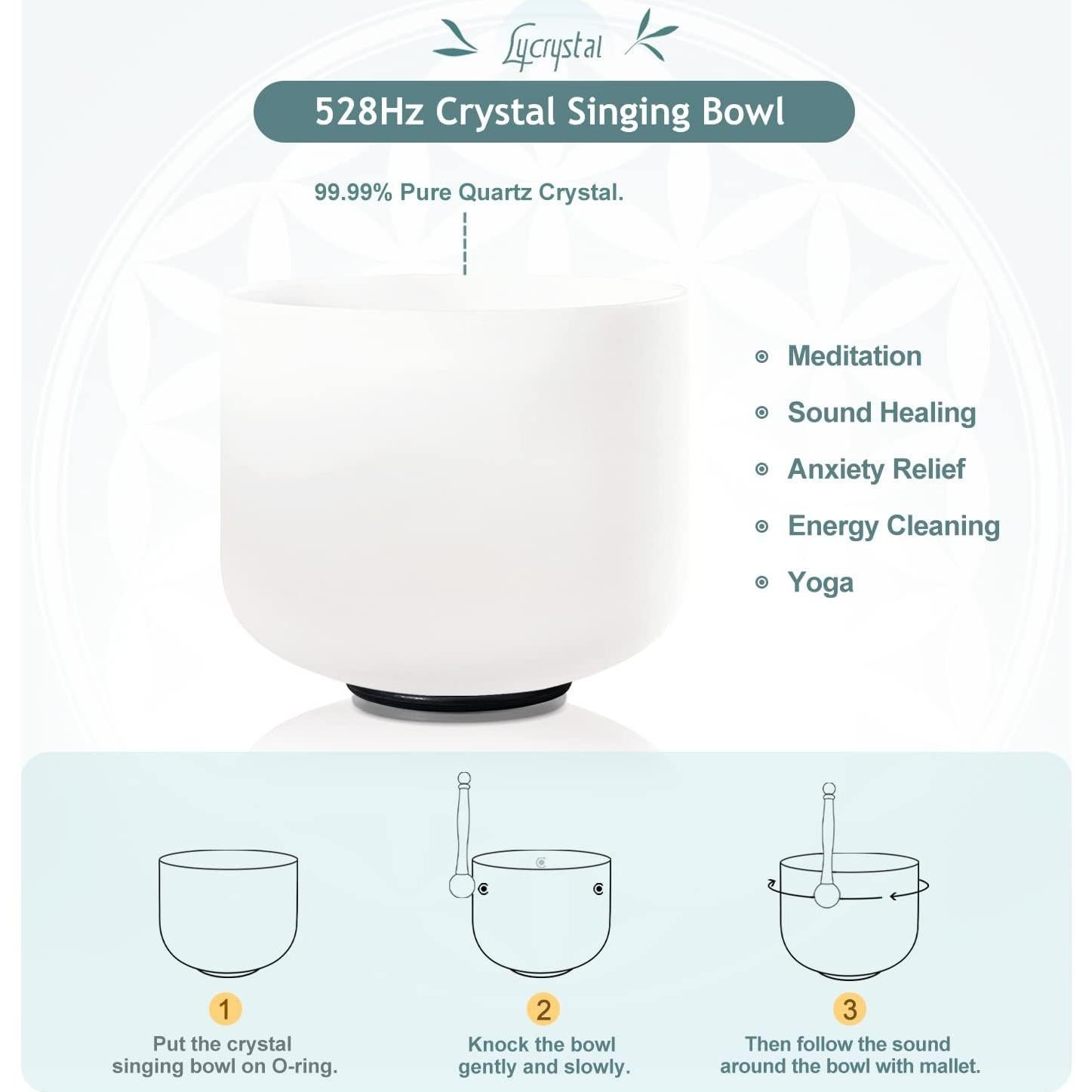 Singing Bowl 528 Hz 8 Inch C note Sound Bowls for Healing,Crystal Singing Bowls Meditation Sound, Root Chakra With O-Ring And Rubber Mallet.